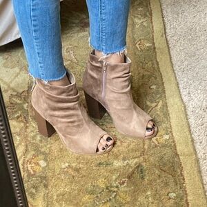 Tan Suede Peep-Toe Heeled Bootie’s
